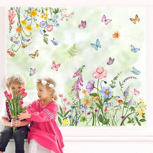 wondever Fenstersticker Garten Blumen Fenster Aufkleber Mohnblume Schmetterling Fensterbilder Fensteraufkleber Anti-Kollision Doppelseitig Glasaufkleber Frühling Sommer Glas Deko