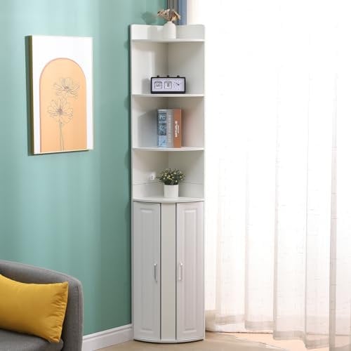 Rainbow Tree 180cm Tall Corner Cabinet with 3-Tier Shelves & 2 Doors, Bathroom Floor Cabinet, Display Cabinet Bookcase for Living Room Slim Corner Shelf Unit 180cm