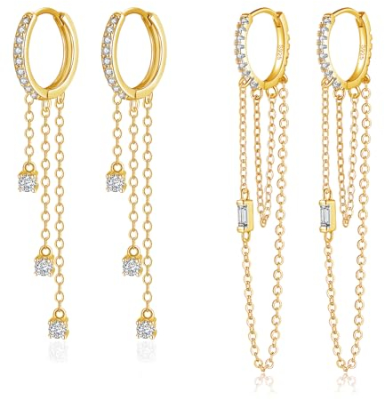 Kamise Silver Hoops Earrings for Women Girls, 2 Pairs 925 Sterling Silver Hoop Earrings Hanging Set, Lightweight Gold Plated Zirconia Dangle Earrings, Long Chains Huggie Drop Earrings with Gift Box