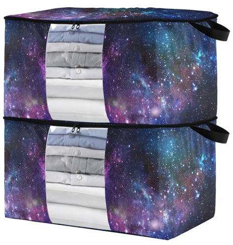 Fustylead Starfield in Space Nebula Kleideraufbewahrungstasche mit transparentem Fenster, faltbar, Schrank-Organizer für Kleidung, Decke, Bettdecken, Spielzeug, 95 l, 2 Stück