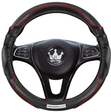 HighnessHwoo 3D Auto Lenkradabdeckung Lenkradbezug Komfortgriff Massage Sportlich Arutschfest Karbonfaser Kunstleder für Limousine, SUV, Universelle Passform, Auto Griff Abdeckungen, 37-38cm, Rot
