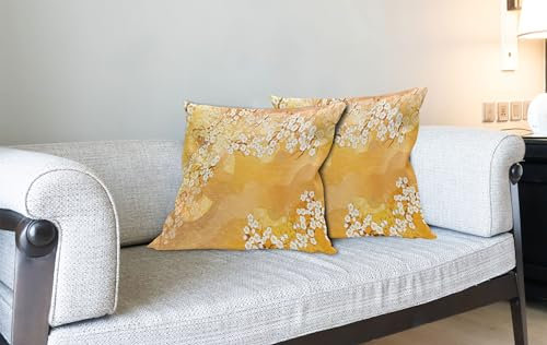 ABAKUHAUS asiatisch Kissenbezug 2er-Pack, Japanische Kirschblüte Sakura Baum Blüten Ethnisches Handfächer Muster, Kissenhülle mit Reißverschluss Beidseitiger Druck, 60 x 60 cm, Ringelblume Creme