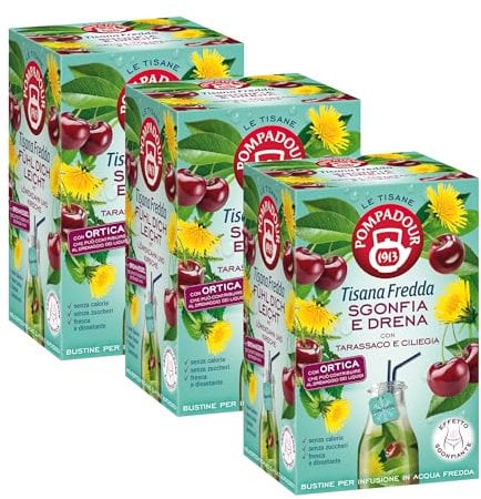 Pompadour, Tisana Fredda Sgonfia e Drena, 54 Filtri (3 Confezioni da 18 Filtri), Con Tarassaco e Ciliegia, Senza Zuccheri, Senza Calorie, Fresca e Dissetante
