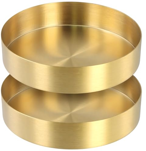 KEILEOHO 2 Stück 14cm Goldenes Rundes Tablett Klein, Edelstahl Deko Tablett Gold, Servierplatte Dekoteller Rund Gold für Bar Küche Badezimmer Schmuck und Make-up