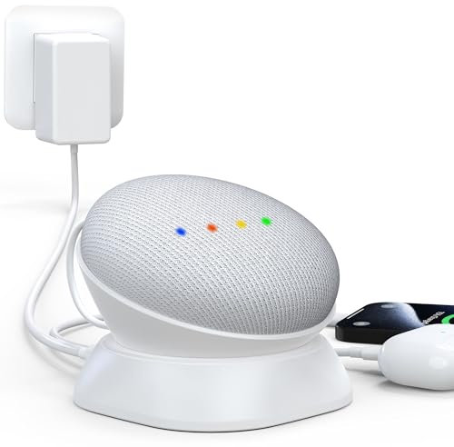 HomeMount Google Nest Mini Stand, Desktop Stand with Charging Ports for Nest Mini 2nd Gen, Charges Phones & Headphones, Anti-Slip, Portable Speaker Mount, Ensures Pristine Sound Quality (White)