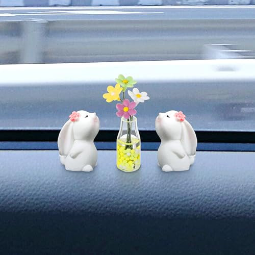 JIEYAO Niedliches Hasen-Autozubehör für Frauen, Kaninchen-Auto-Armaturenbrett-Dekorationen, mit Gänseblümchen-Vase, lustige Auto-Rückspiegel-Ornamente, Kawaii-Auto-Innendekoration, bezauberndes