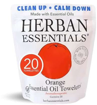 Herban Essentials Orange Towelettes - Essential Oil Wipes for Hands, Travel Face Wipes - Natural Hand Wipes, Moist Towelettes Individually Wrapped Body Wipes - 20 Count