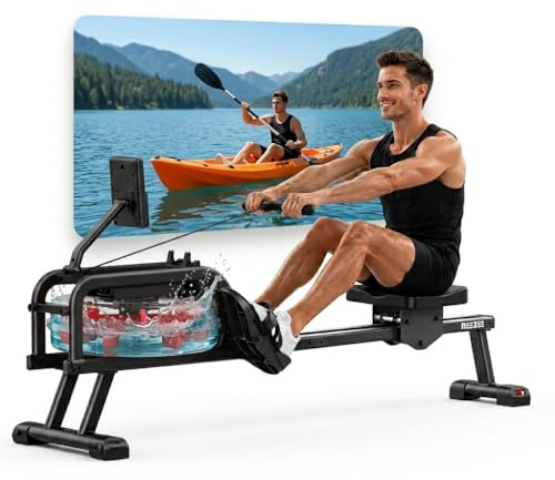 Neezee Rudergerät für zuhause, Rudergerät Wasser mit Professioneller Bluetooth-Monitor und Tablet-Halterung, Max 160kg Belastbar, Vertikale Lagerung, Transporträder für Einfache Bewegung