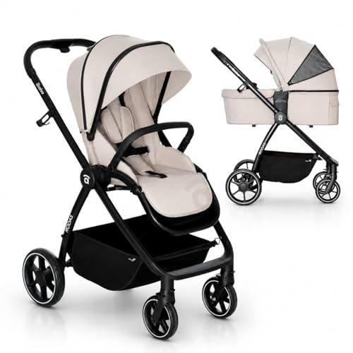 Asalvo Duo Rodas Kinderwagen, zusammenklappbar, ultraleicht und kompakt, Trolleygriff, Gepäck, neigbar, Kinderwagen, Sicherheitsbügel, 5-Punkt-Gurt, bis 23 kg, Beige
