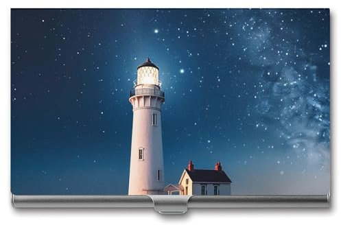 VFMKT Schlanker Metall-Visitenkartenhalter, tragbar, Visitenkartenetui, Tasche, Namenskartenhalter, Leuchtturm unter Sternennacht, Geldbörse für Männer und Frauen, Büro, Reisen