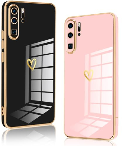 Vauki 2 Stück für Huawei P30 Pro Hülle, Weich TPU Silikon Handyhülle Herz Motiv Schutzhülle Kameraschutz Stoßfest Bumper Case Jungen und Mädchen Cute Cover, Schwarz & Rosa
