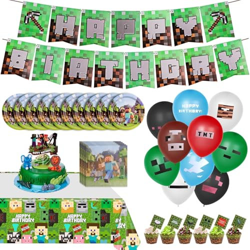 Kit de Décoration de Fête d'Anniversaire Pixel, Compris des Bannières Joyeux Anniversaire,des Décorations de Cupcakes,des Ballons,une Nappe,pour Garçon Déco d'anniversaire pour Enfants