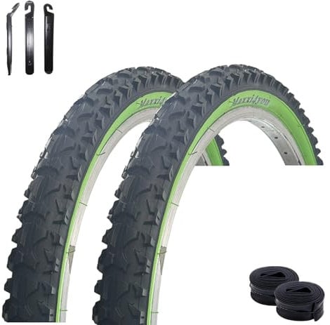 2 x maxxi4you HY-A109 Fahrradreifen Schwarz/Grün 54-507 (24 x 1,95) + 2 x passende Schläuche AV inkl. maxxi4you Reifenheber