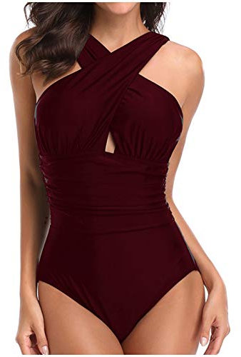 - Up, costume da bagno da donna, con stampa solida, costume da bagno con coppa D, Vino, S