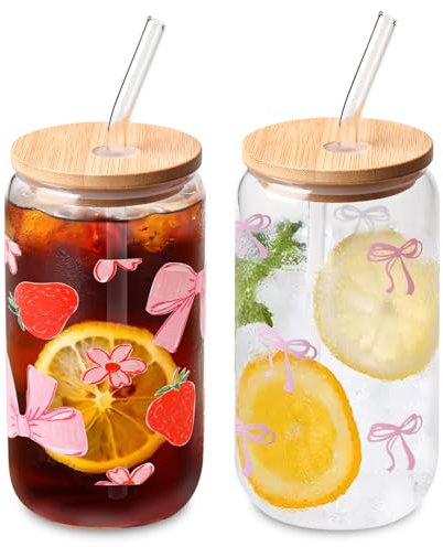 2 Stück Bow Glasbecher 16 Oz, Rosa Schleifen-Becher, Eiskaffee Glasbecher, mit Deckel und Glas Strohhalm, 500ml, für Cocktails, Whisky, Bier,Eiskaffee, Soda, Säfte