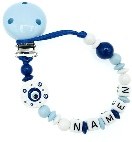Nuckelkette mit Namen  NAZAR TÜRKISCHE AUGE  Babyblau Dunkelblau Weiß/Baby/Unisex/Personalisiert/HANDMADE