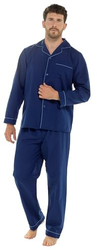 Toro Rocco Mens Plain Woven Pyjama Sets Traditional Easy Care Pyjamas Long Sleeve Button Top With Bottoms Nightwear Loungewear Pjs Sleepwear, Navy L