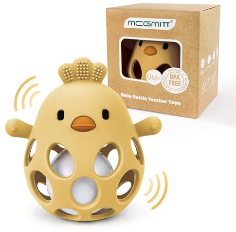 MCGMITT Greifball mit Rassel – Beißring Baby Silikon BPA-frei Sensorisches Montessori Spielzeug in Hühnchenform zur Zahnungshilfe und Frühförderung für Babys ab 0-24 Monate für Jungen und Mädchen-Gelb