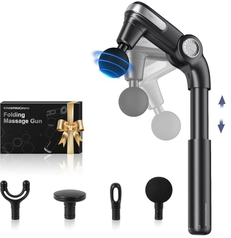 KingPavonini Massagepistole mit Ausziehbarem Griff & Klappbarem Kopf, Massage Gun Massagegerät Rücken mit 3 Verstellbaren Winkeln & 4 Massageköpfen, Massage Pistole Geschenk für Männer und Frauen