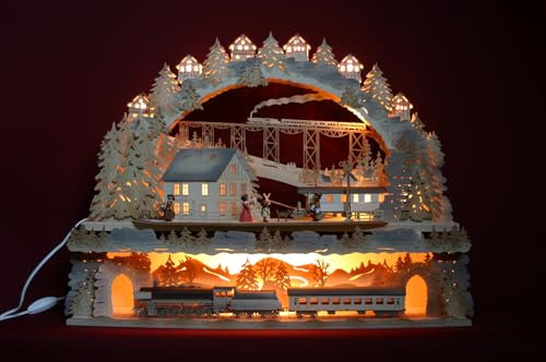 Exclusiver 3D LE D Schwibbogen mit Unterbank Zug/Eisenbahn - 76cm x 60cm - Feine Handwerkskunst aus dem Erzgebirge