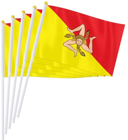 PTEROSAUR Confezione da 50 bandiere italiane Sicilia, bandiera italiana della regione siciliana tenuta in mano, piccola bandiera sventolante, 14,9 x 20,3 cm (50)