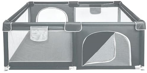 Belfoyer Laufstall Baby 120x160 cm – Baby Laufgitter aus Oxford Stoff mit Netz, rutschfest, mit Aufbewahrungstasche (120x160x66cm Dunkelgrau)