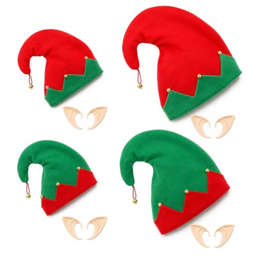 ZYHDFH 4 Stück Weihnachtselfen Hut mit 4 Paar Hellgelbe Elfenohren Weihnachtself Mütze Elfenmützen kinder Wichtelmütze Weihnachten Dress Up für Kinder Erwachsene Weihnachten Karneval Party