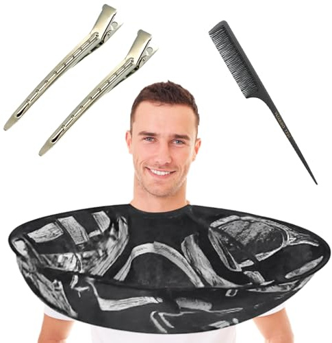 Friseurumhang 4 Teile, Haarschneideumhang, Friseur Umhang 2 Clips 1 Kamm | Frisierumhang Erwachsene, Friseurumhang Erwachsene, wasserabweisend faltbar 60 cm, 23,5 cm Kamm 9 cm Clips
