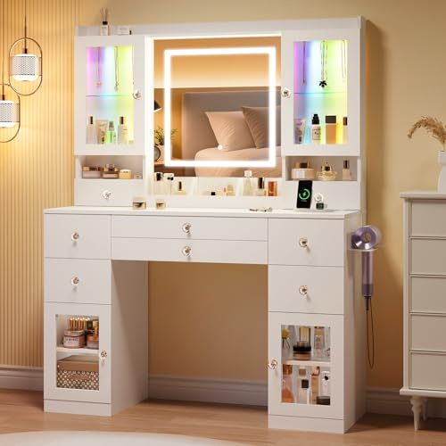 Dripex großer Schminktisch mit Beleuchtung und Spiegel, 2 Steckdosen | 2 luxuriösen transparenten Vitrinen mit RGB, Vanity Desk Dressing Table fürs Schlafzimmer, weiß