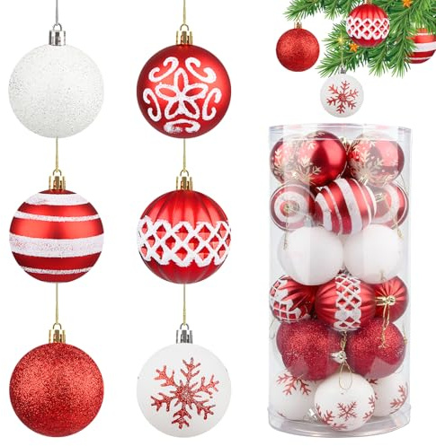 24 Rosso Bianco Palline di Natale Balocchi Albero di Natale Pallina il mio Primo Neonato Vacanze Panna Palle Panna Christbaumkugeln Addobbi Natalizi in Plastica Infrangibile con Glitter da 60 mm