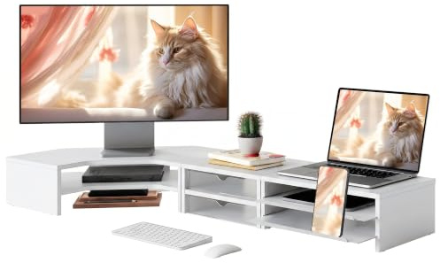 Fenge Monitorständer, 3 in 1 Modular, Laptop PC TV, Monitor Stand, Weiß | Frei Kombinierbares 3er-Set, L-förmige Ecke, 2 Geräte, Bis 75kg, Schubladen, Bildschirm Computer Schreibtisch Büro Zuhause