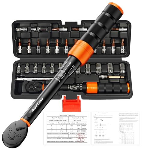 AivaToba 33PCS 1/4 Bike Torque Wrench Set 2-24Nm, Bicycle Tool Kit | 33PCS ±3% Click Wrench with Sockets & Bits (Hex, Torx, Phillips, 4-13mm), Bar & Adapter for MTB & Road Bike