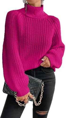 Ldabrye Maglione a collo alto in maglia di moda per le donne di spessore invernale in poliestere design di tessitura a cavo maniche lunghe vestibilità ampia top dolcevita da donna, Fucsia, S