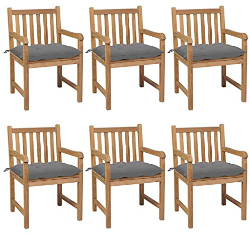 FUDUGEHMIOFWFJJ Lot de 6 Chaises de Jardin en Bois de Teck Solide avec Coussins Gris Confortables, Ensemble Salon Exterieur Durable pour Terrasse, Jardin, Piscine et Patio