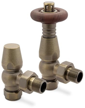 Angled Antique Brass Round Top Traditional Thermostatic Valves for Radiators & Towel Rails