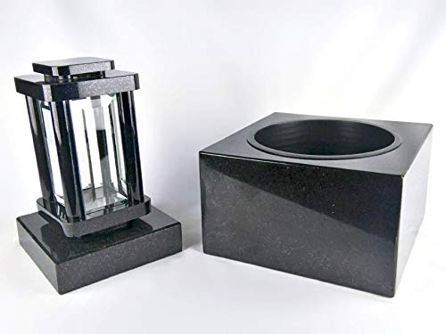 designgrab Grablampe Modern und Schale Karree und Sockel aus Granit Schwedisch Black SS1, Grabschmuckset