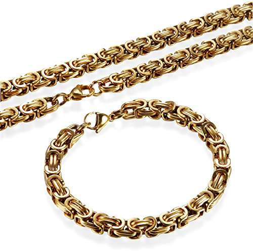 Flongo 2 Stück Herrenkette Armband Set, Edelstahl Halskette Armkette Armreif Kette Königskette Schwarz Silber Gold Golden Herrschsüchtig Biker Punk Rock Herren Männer Accessoires