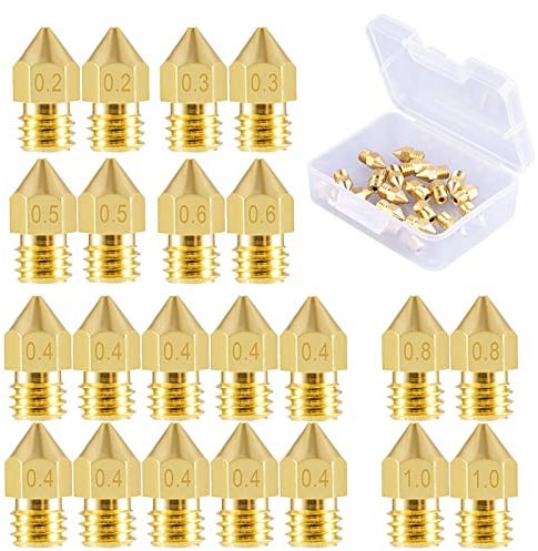 SIQUK 22 Stück 3D Drucker Düsen MK8 Düse 0,2 mm, 0,3 mm, 0,4 mm, 0,5 mm, 0,6 mm, 0,8 mm, 1,0 mm Extruder Druckkopf mit Freier Aufbewahrungsbox für 3D Drucker Makerbot CR-10