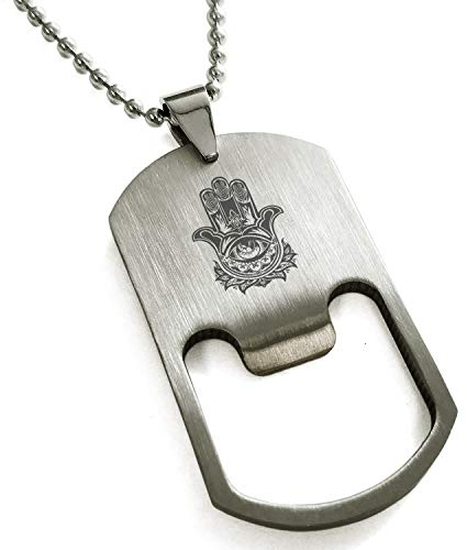 Tioneer Stainless Steel Floral Hamsa Hand of Fatima Engraved Bottle Opener Dog Tag Pendant Necklace