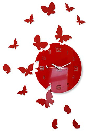 FLEXISTYLE Grande orologio da parete moderno a forma di farfalla, rotondo, 30 cm, 15 farfalle, soggiorno, camera da letto, cameretta dei bambini, prodotto nell'UE (rosso)