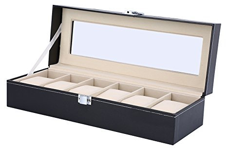 Greensen Uhrenbox mit 6 Fächern Uhrenkoffer Elegante Uhrenkasten mit Glasdeckel Aufbewahrung Uhrenschachtel Samt-Innenfutter Uhrenschatulle aus PU Leder für Aufbewahrung und Display Schwarz