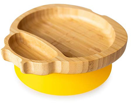 eco rascals Natural Bamboo Plates for Baby, Toddler, Kids - Ladybird Shaped Baby Suction Plate - Stay Put Feeding Plate for Weaning with Two Sections - Detachable Silicone Suction Base (Yellow)
