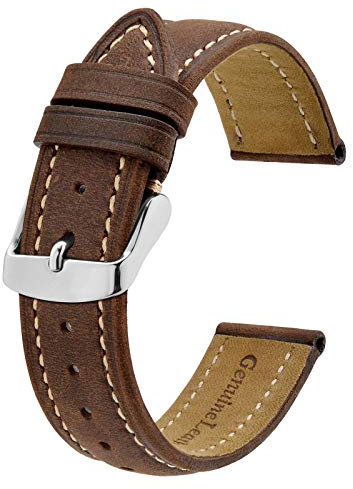 BISONSTRAP Correa de Reloj 18mm, Correa Piel de Cuero Vintage, Marrón Oscuro/Hilo Beige