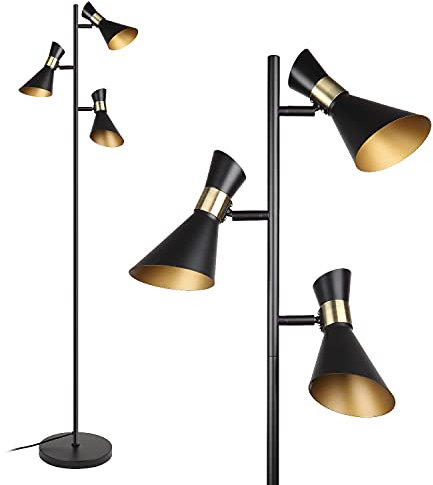 Osasy Moderne Lampadaire pied, Creative lecture/décoration Lampadaire Tree 3 spots pivotants réglable | métal rétro noir/doré,ampoules E14 LED ou halogène, lampes sur pied hauteur 166,5 cm