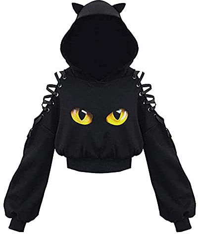Felpa da Donna con Orecchie da Gatto Felpa Donna con Cappuccio Felpa Corta con Maniche Lunghe da Ragazza Maglia a Manica Lunga Casual Discoteca (Occhi, M)