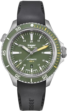 Traser Herren Taucheruhr P67 Diver Automatic Grün aus Edelstahl und Kautschuk in der Farbe Silber-Schwarz-Grün 46mm, Wasserdichtigkeit: 50Bar, 110326