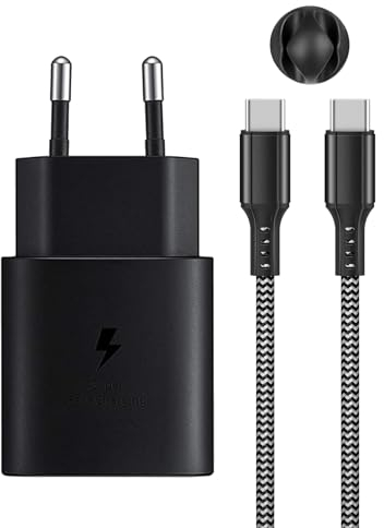 Cargador Rápido USB C de 25 W Fuente de Alimentación Cargador Rápido para Samsung Galaxy S25/S24/S23/S22/S21 Ultra/S20 FE/Z Flip 6/Z Fold 6 5G/Note20/10 con Cable Nailon Tipo C de 2m (Negro)