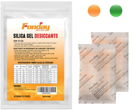 6Packungen x 50Gram Fonday Wiederaufladbare Silikagel-Trockenmittel-Pakete in Lebensmittelqualität, schnell reaktivierbar, Trockenmittelbeutel, Feuchtigkeitsanzeige, Orange bis Grün