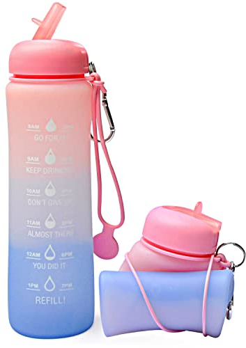 Motivational Water Bottle with Time Markings - 0.6 Litre Foldable Collapsible Gym and Sports Silicone Water Bottle - Running Drinks Bottle For Women, Men, Girls, Boys, Cycling, Hiking, Travel