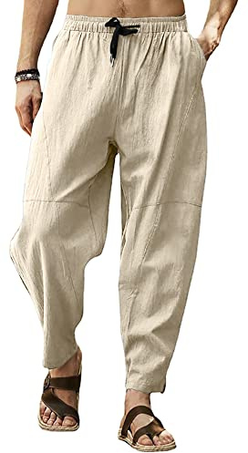 Mens Baggy Cotton Trousers Smart Casual Summer Lightweight Comfy Drawstring Loose Fit Wide Leg Harem Pants with Pocket for Yoga Beach Lounge Hippy-Khaki-3XL